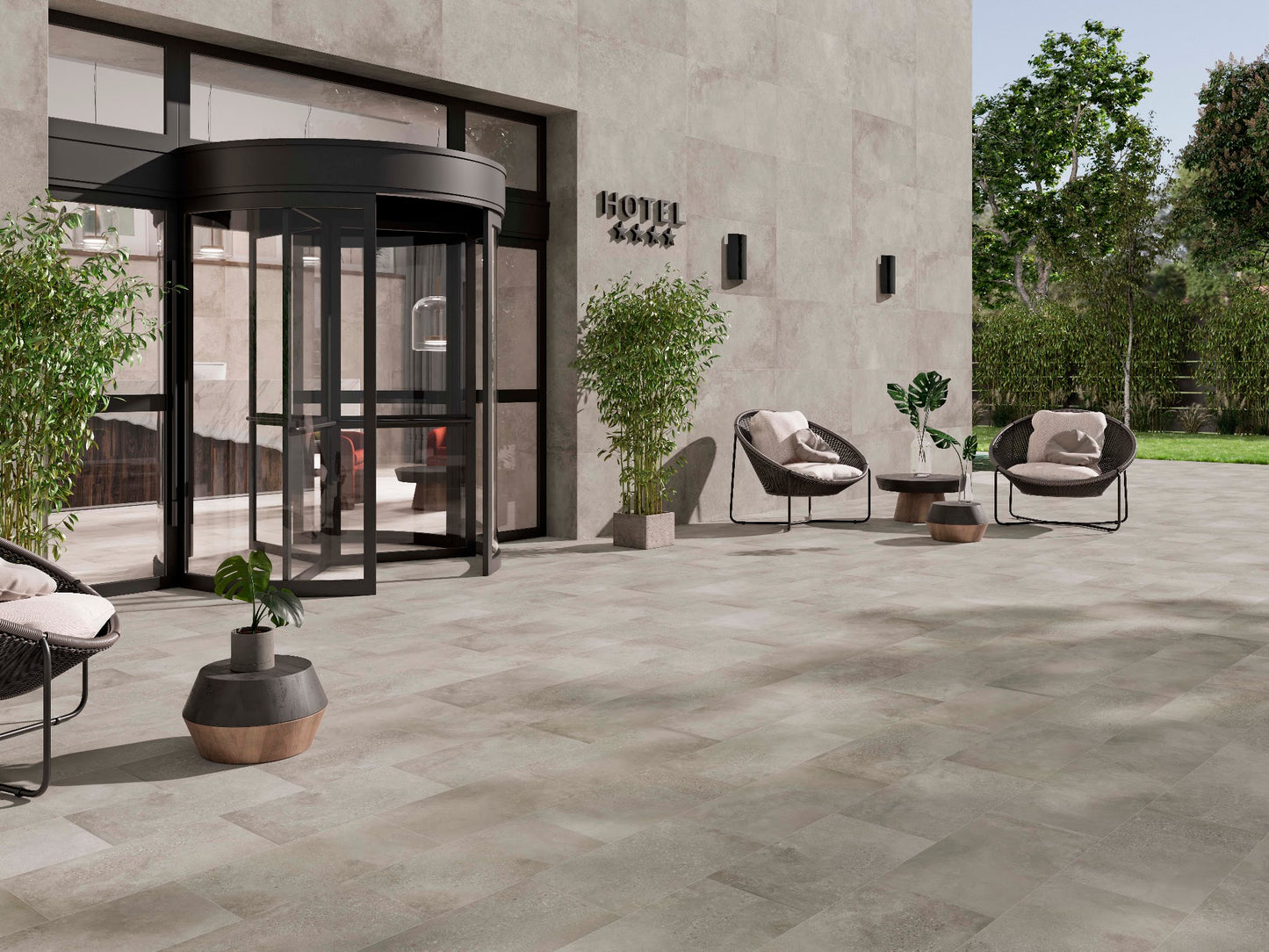 Ambiente con porcelánico Amstel Cemento efecto cemento gris