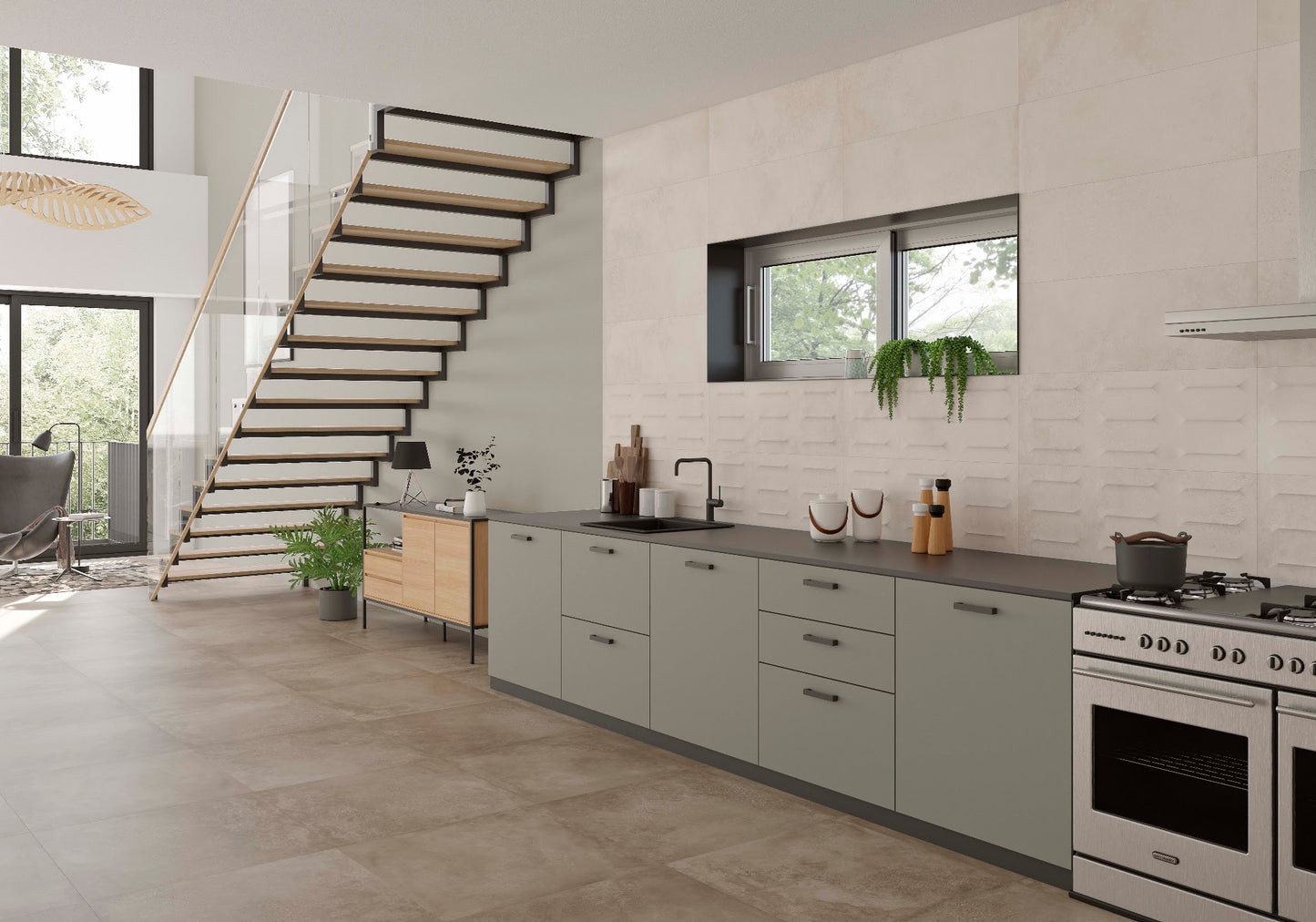Ambiente con porcelánico Amstel Beige efecto cemento