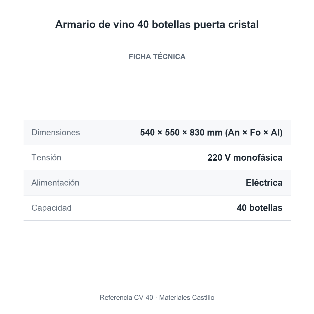 Ficha técnica del armario de vino 40 botellas