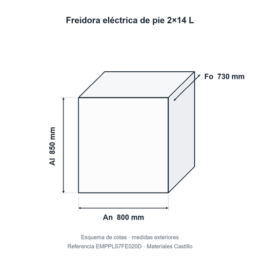Esquema de cotas de la freidora eléctrica de pie 2×14 L