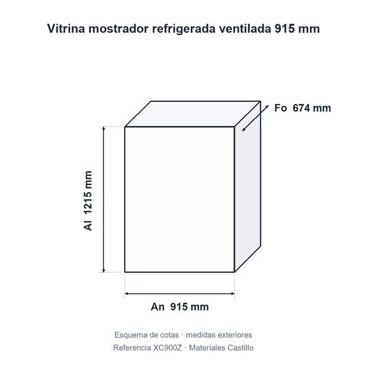 Esquema de cotas de la vitrina mostrador refrigerada ventilada 915 mm