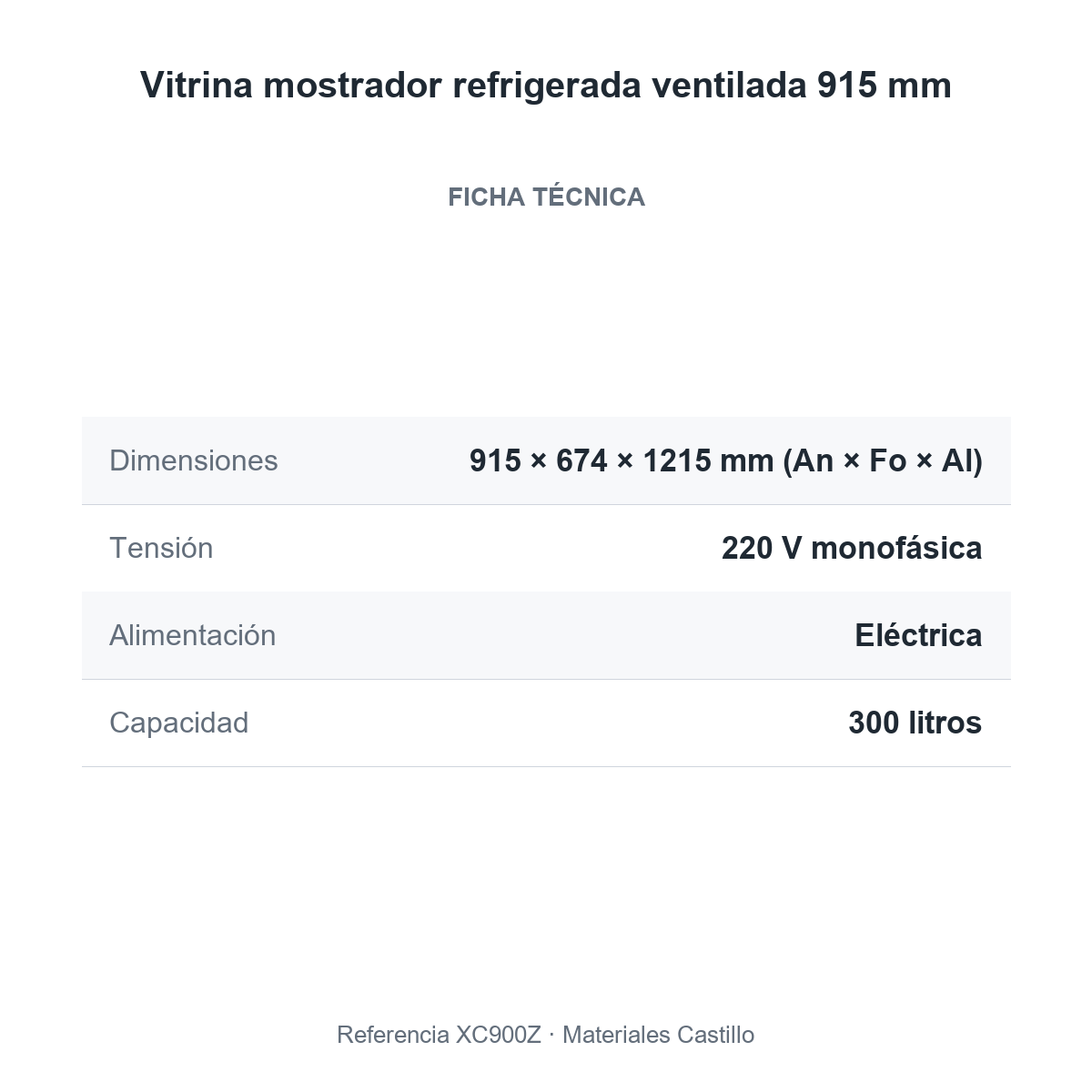 Ficha técnica de la vitrina mostrador refrigerada ventilada 915 mm