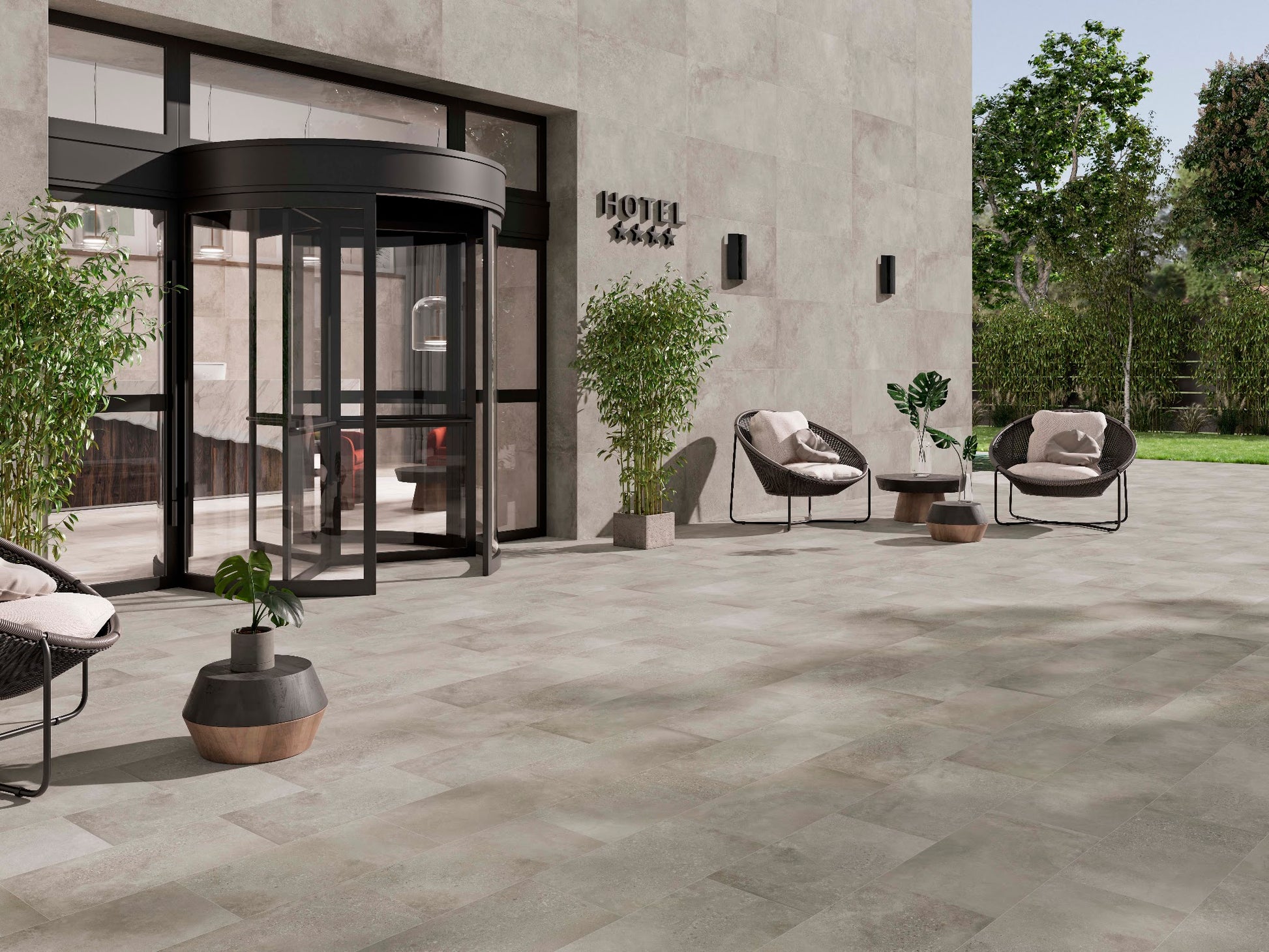 Ambiente con porcelánico Amstel Cemento efecto cemento gris