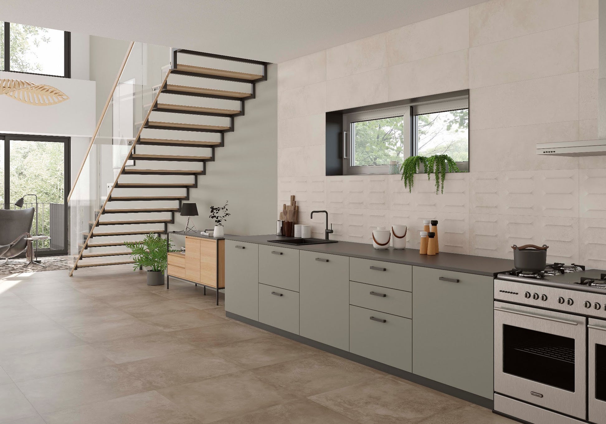 Ambiente con porcelánico Amstel Beige efecto cemento