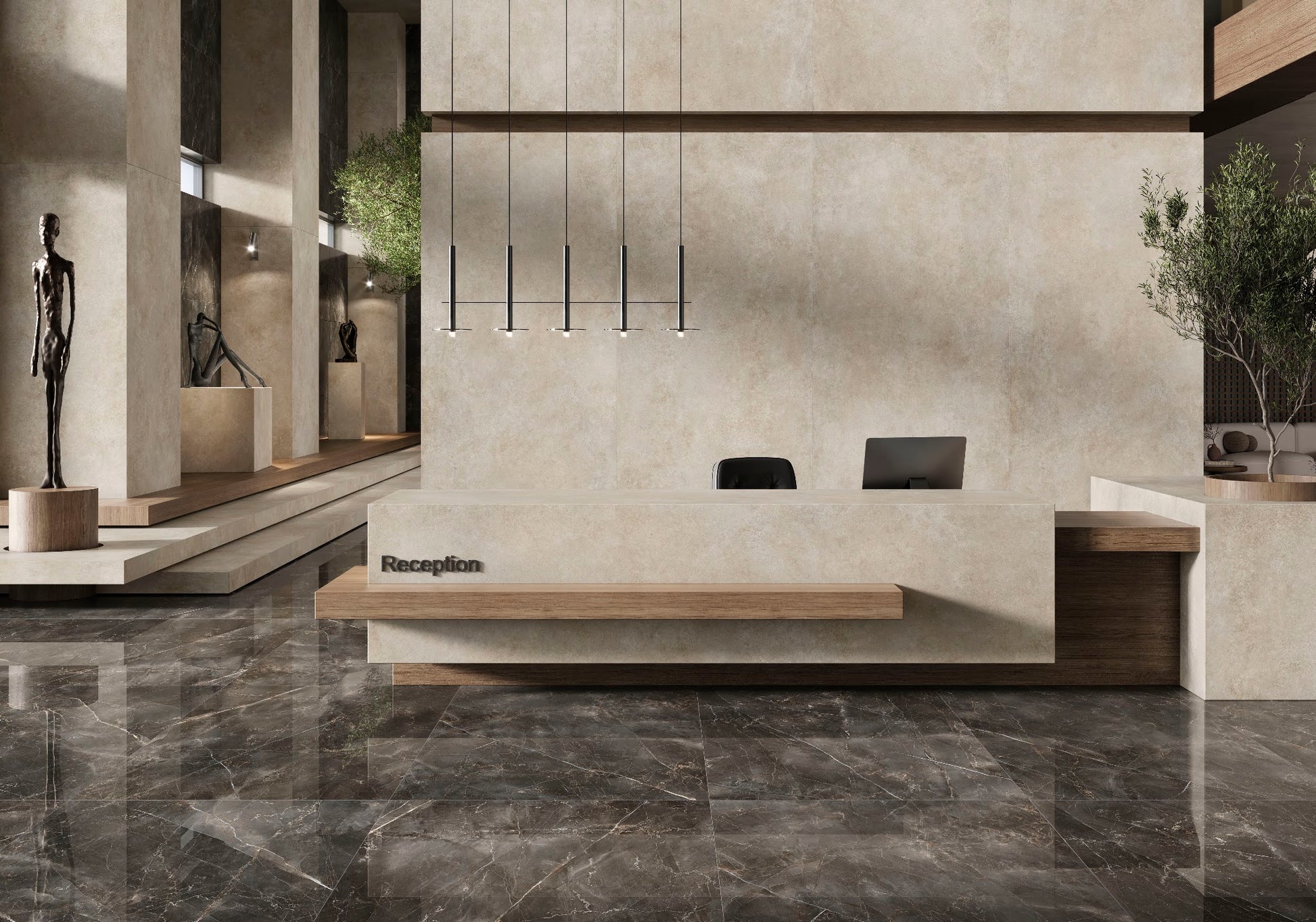 Ambiente con porcelánico Feroe Greige efecto cemento en recepción