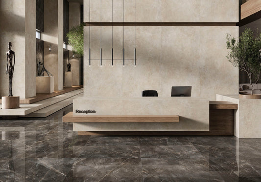 Ambiente con porcelánico Feroe Greige efecto cemento 75x150