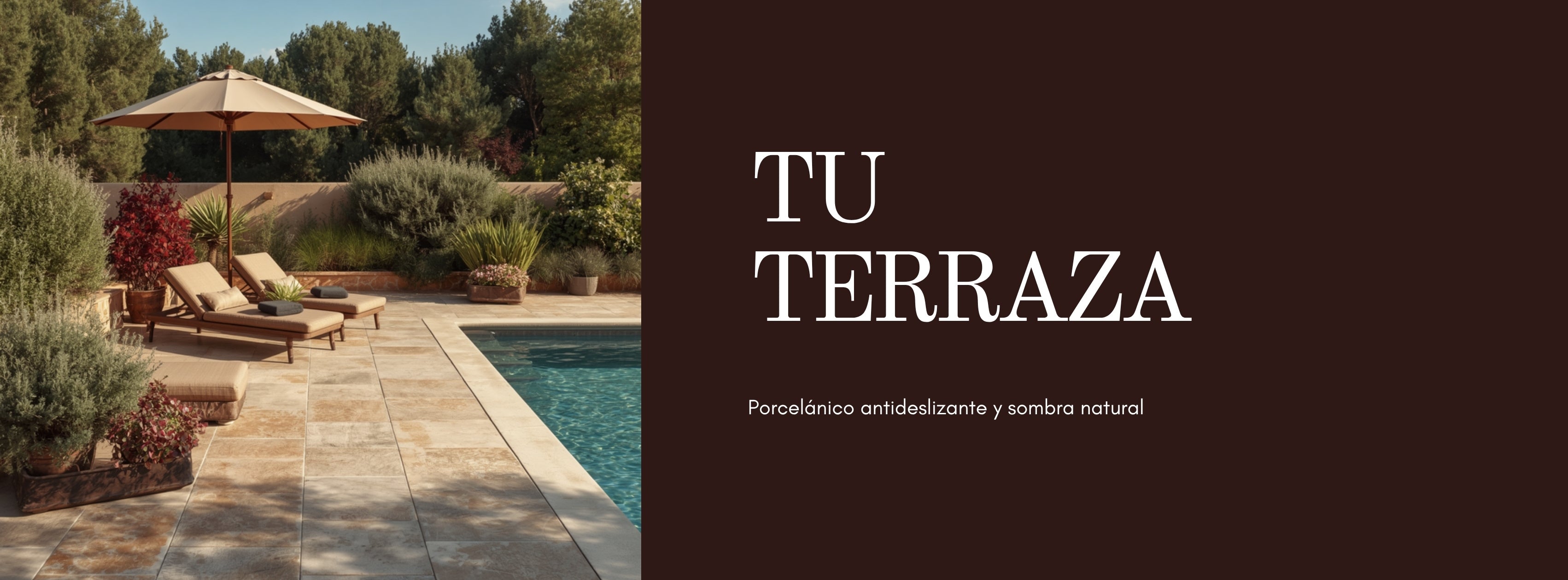 Tu terraza: porcelánico antideslizante y sombra natural junto a la piscina