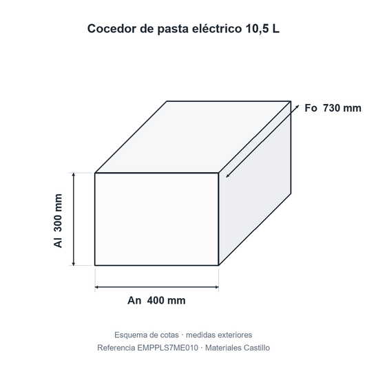 Esquema de cotas del cocedor de pasta eléctrico 10,5 L