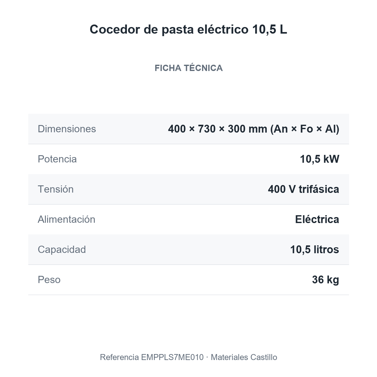 Ficha técnica del cocedor de pasta eléctrico 10,5 L