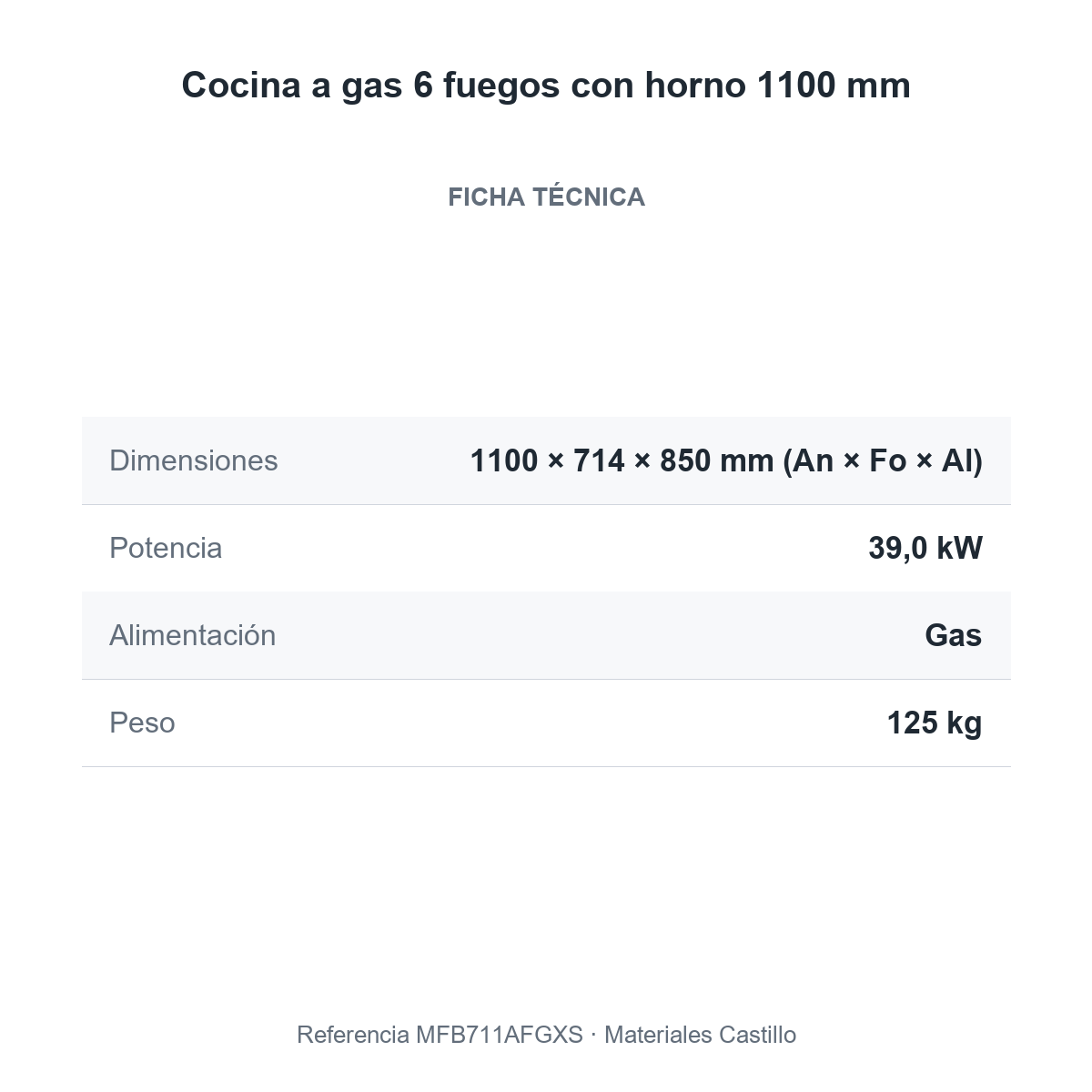 Ficha técnica de la cocina a gas 6 fuegos con horno 1100 mm