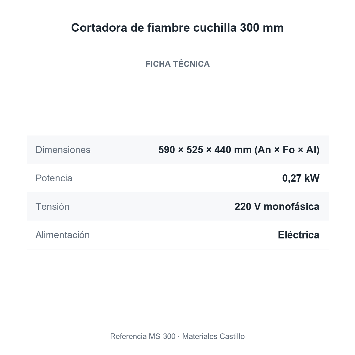Ficha técnica de la cortadora de fiambre cuchilla 300 mm