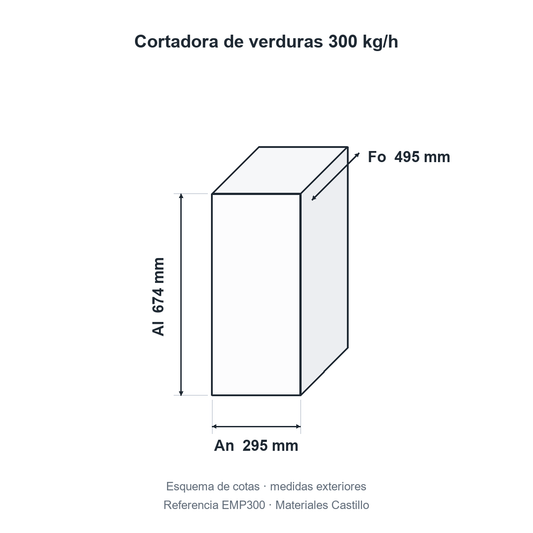 Esquema de cotas de la cortadora de verduras 300 kg/h