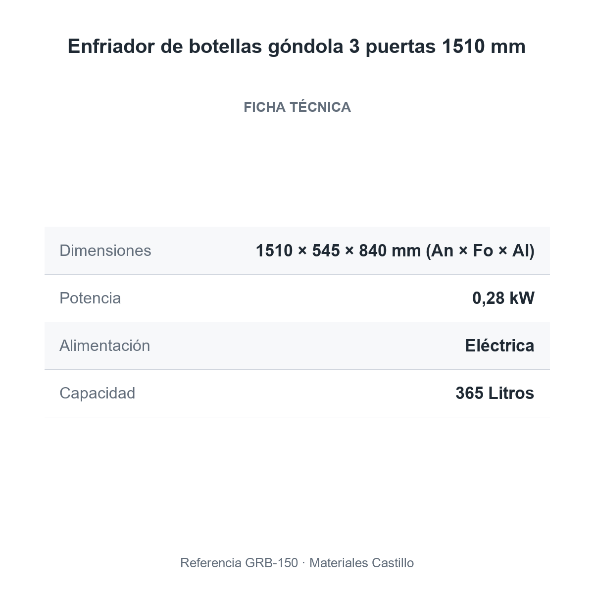 Ficha técnica del enfriador de botellas góndola 3 puertas 1510 mm