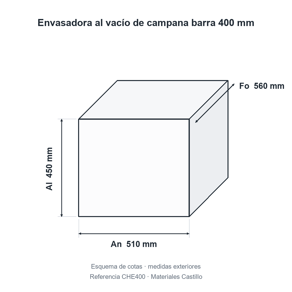 Esquema de cotas de la envasadora al vacío de campana 400 mm