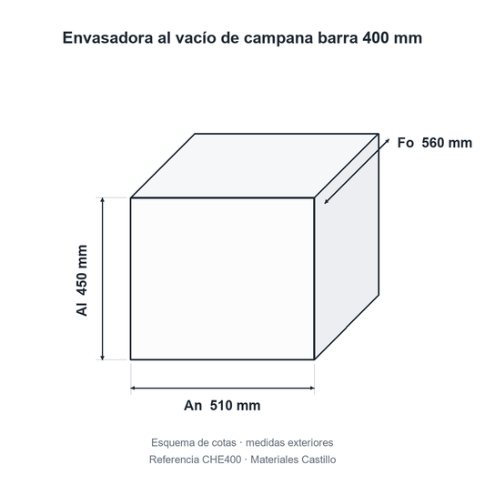 Esquema de cotas de la envasadora al vacío de campana 400 mm