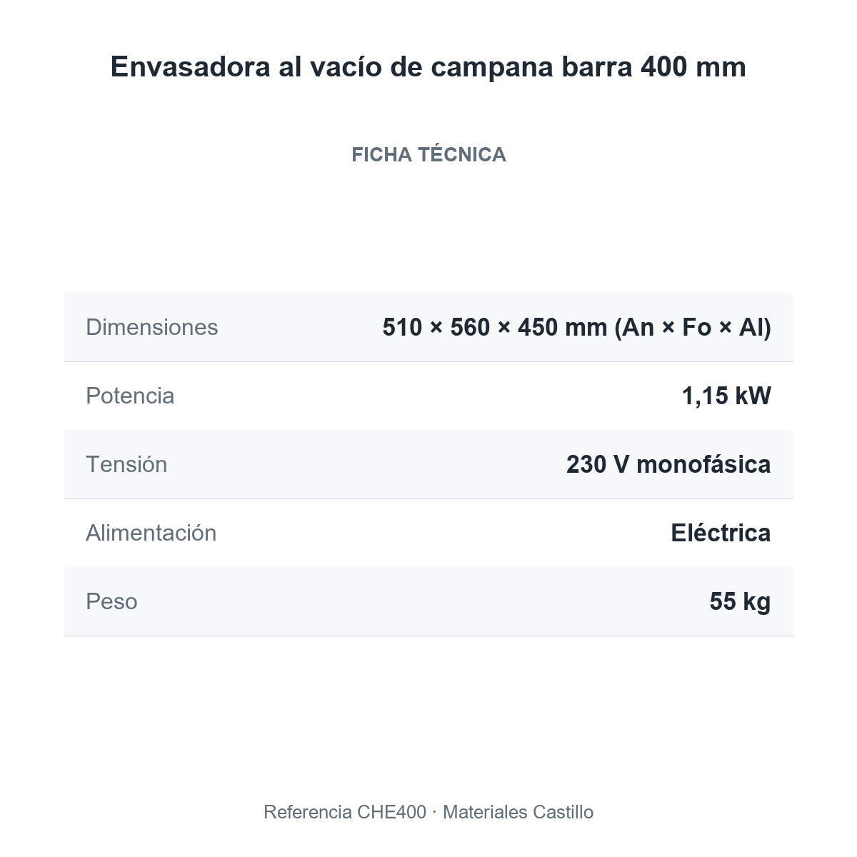 Ficha técnica de la envasadora al vacío de campana 400 mm