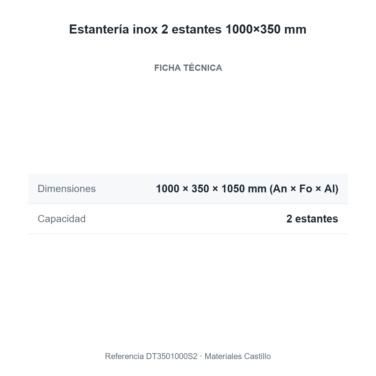 Ficha técnica de la estantería inox 2 estantes 1000×350 mm