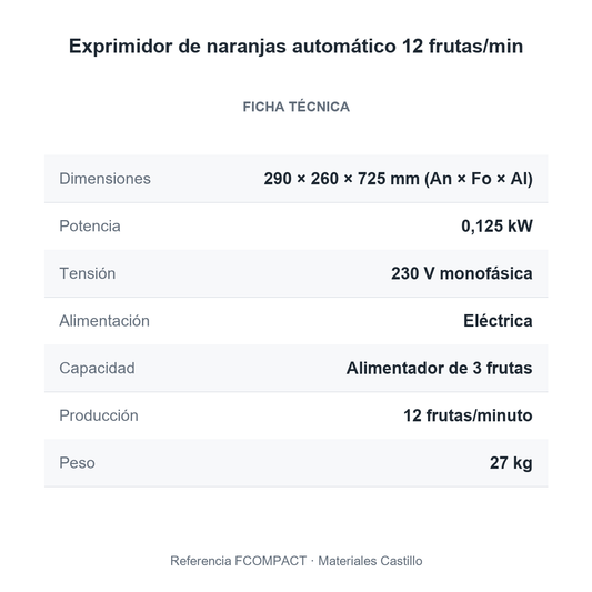 Ficha técnica del exprimidor de naranjas automático 12 frutas/min
