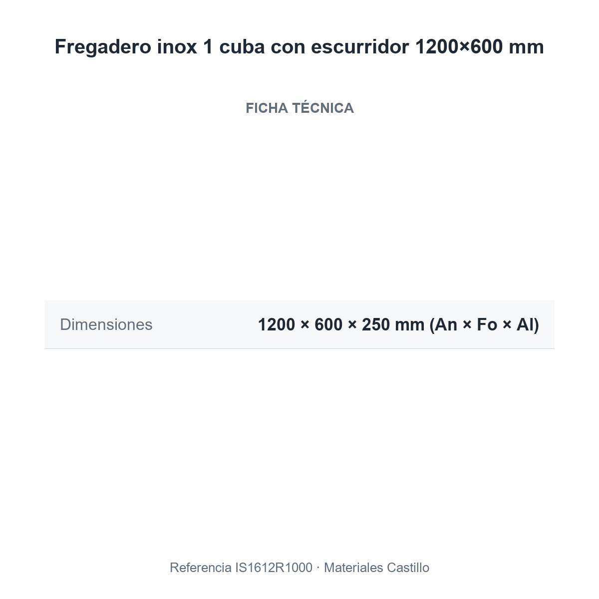 Ficha técnica del fregadero inox 1 cuba con escurridor 1200×600 mm