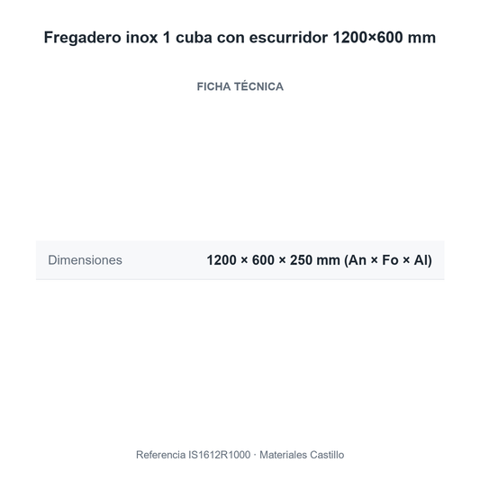 Ficha técnica del fregadero inox 1 cuba con escurridor 1200×600 mm