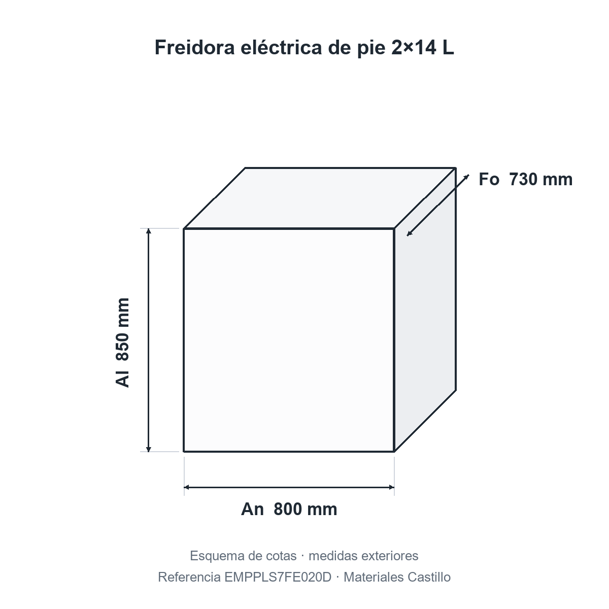 Esquema de cotas de la freidora eléctrica de pie 2×14 L