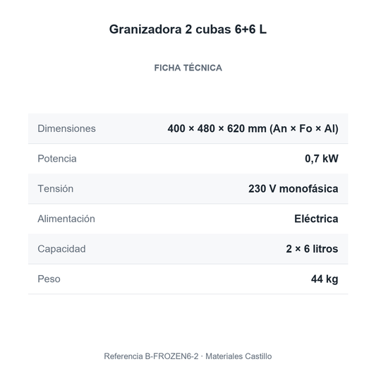 Ficha técnica de la granizadora 2 cubas 6+6 L