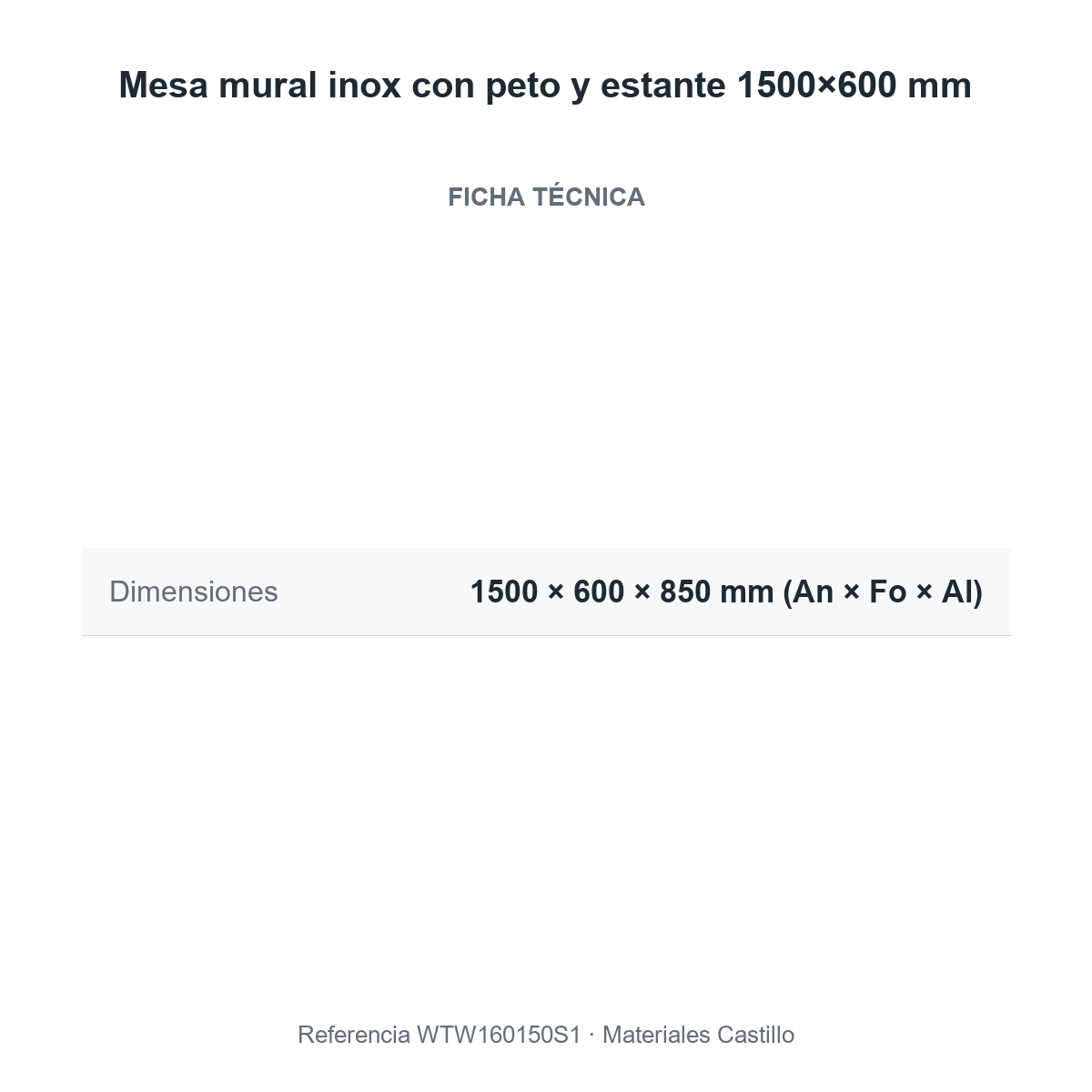 Ficha técnica de la mesa mural inox con peto y estante 1500×600 mm