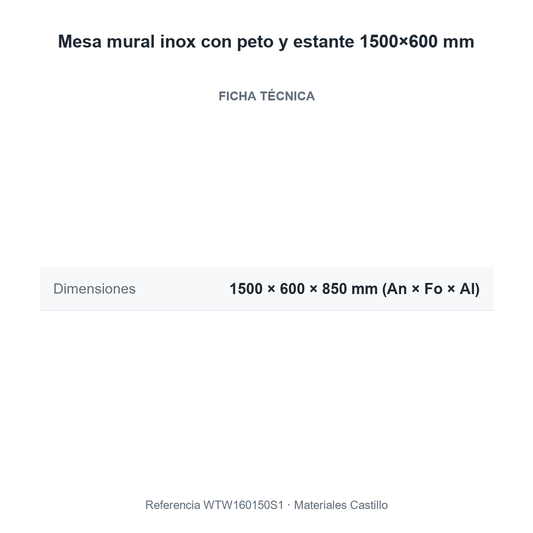 Ficha técnica de la mesa mural inox con peto y estante 1500×600 mm