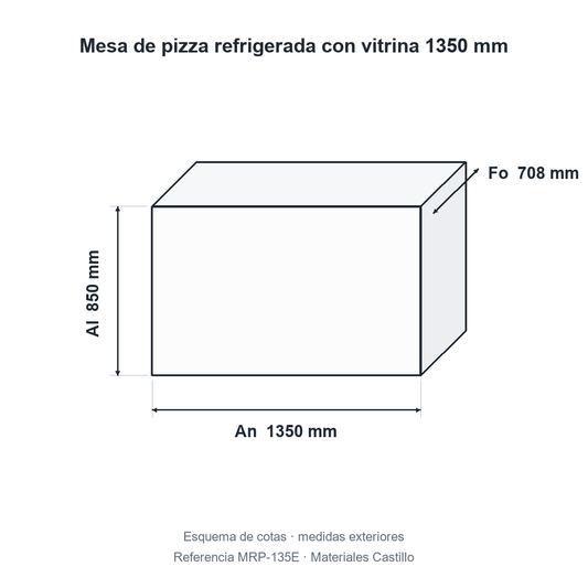 Esquema de cotas de la mesa de pizza refrigerada con vitrina 1350 mm