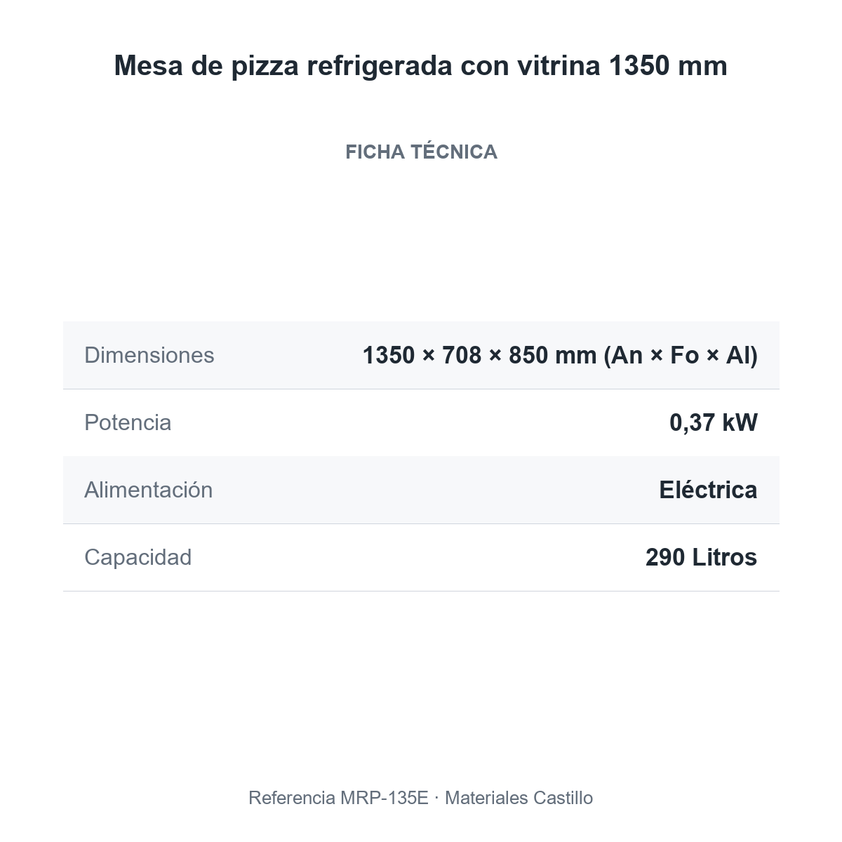 Ficha técnica de la mesa de pizza refrigerada con vitrina 1350 mm