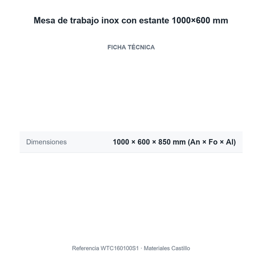 Ficha técnica de la mesa de trabajo inox con estante 1000×600 mm