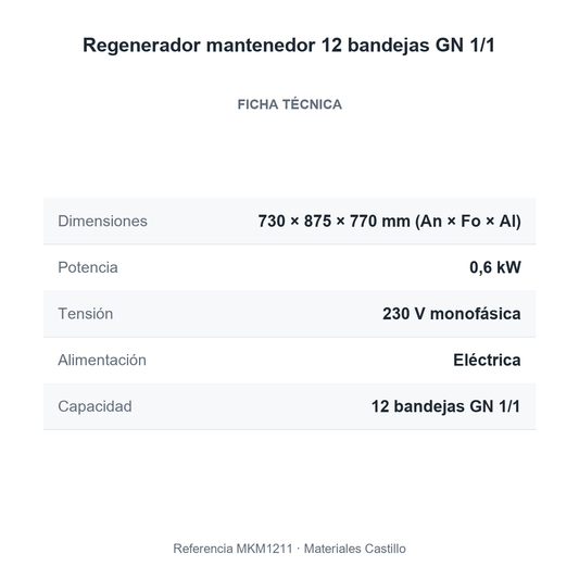 Ficha técnica del regenerador mantenedor 12 bandejas GN 1/1