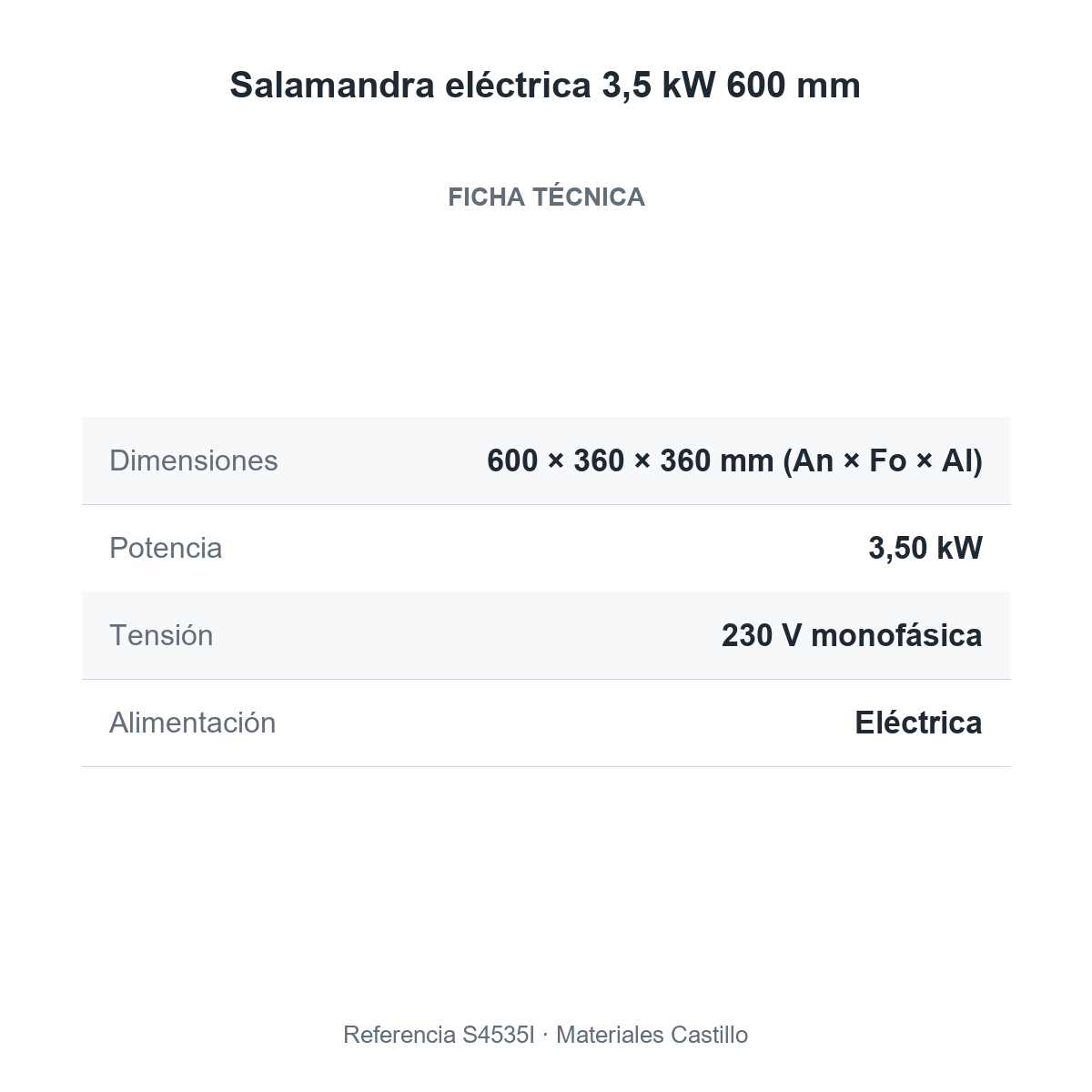 Ficha técnica de la salamandra eléctrica 3,5 kW