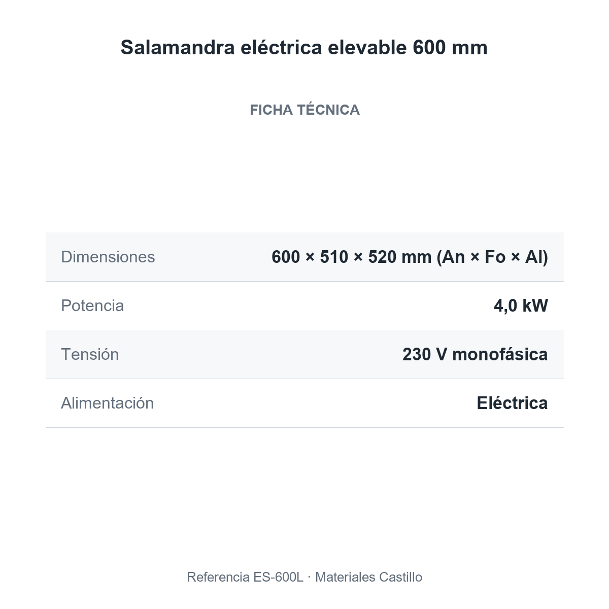 Ficha técnica de la salamandra eléctrica elevable 600 mm