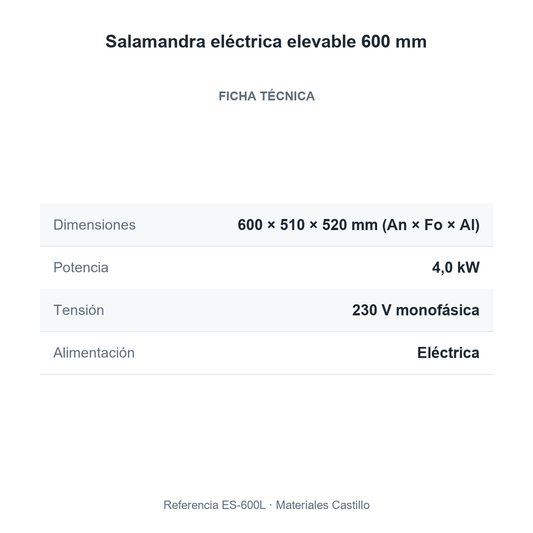 Ficha técnica de la salamandra eléctrica elevable 600 mm