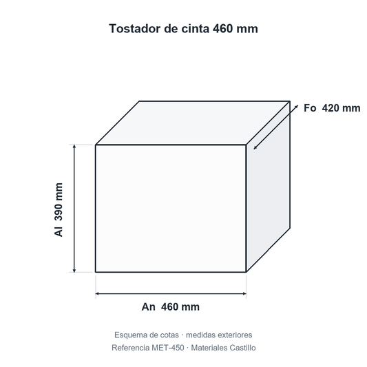 Esquema de cotas del tostador de cinta 460 mm